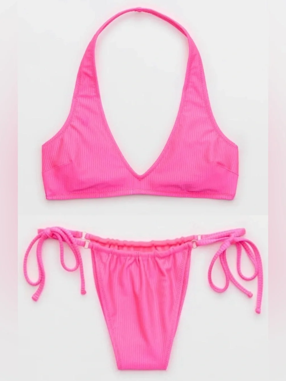 NWT Aerie FULL SET Shine Rib Halter Top + Cheekiest Strappy Bottom Miami Pink